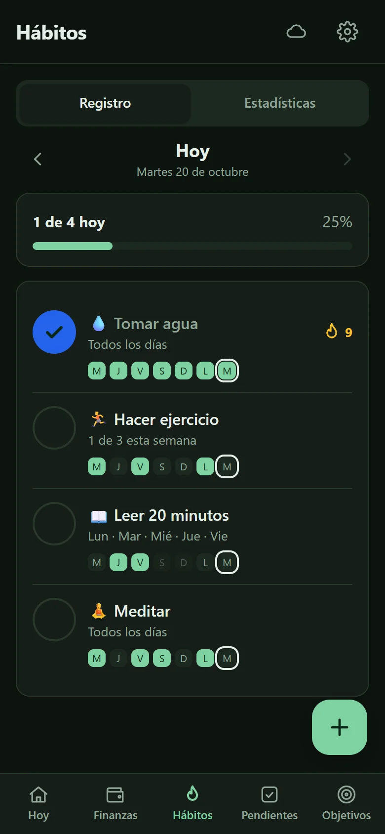 Registro de hábitos del día en el celular, con la racha de cada uno
